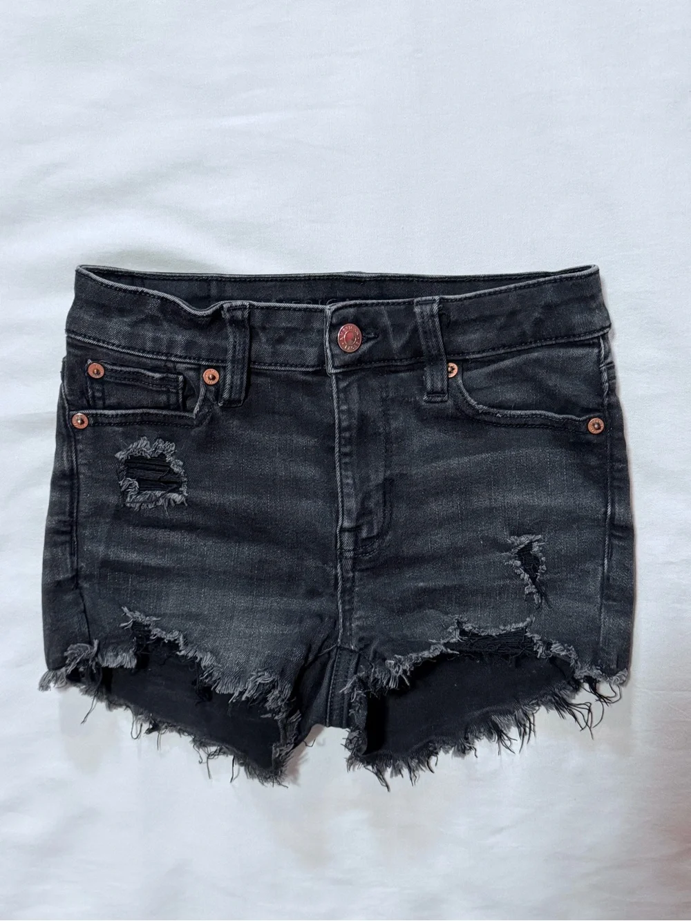 American Eagle Outfitters High-Rise Shortie Black Jean Frayed Hem 000 - Picture 3 of 8